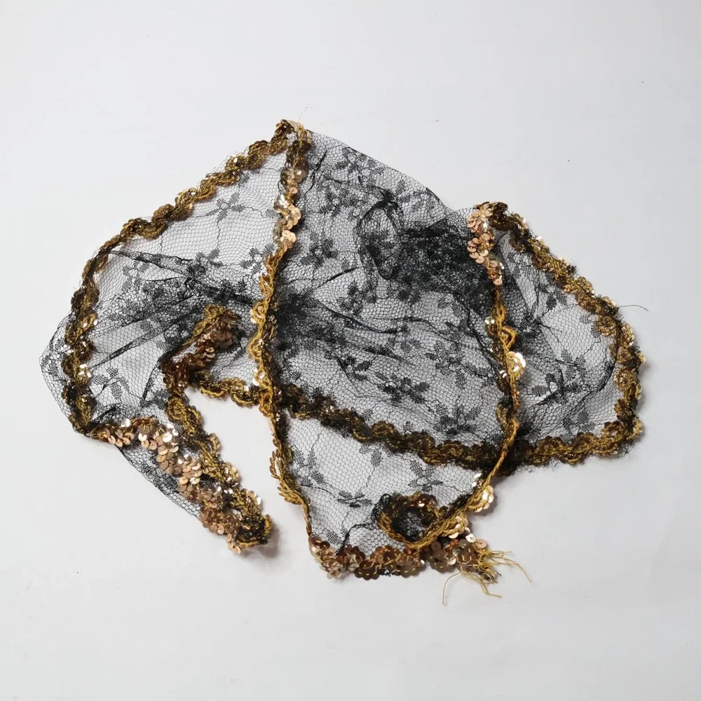 Vintage Black Lace‎ Triangle Scarf Mantilla Gold Sequin Trim Head Covering